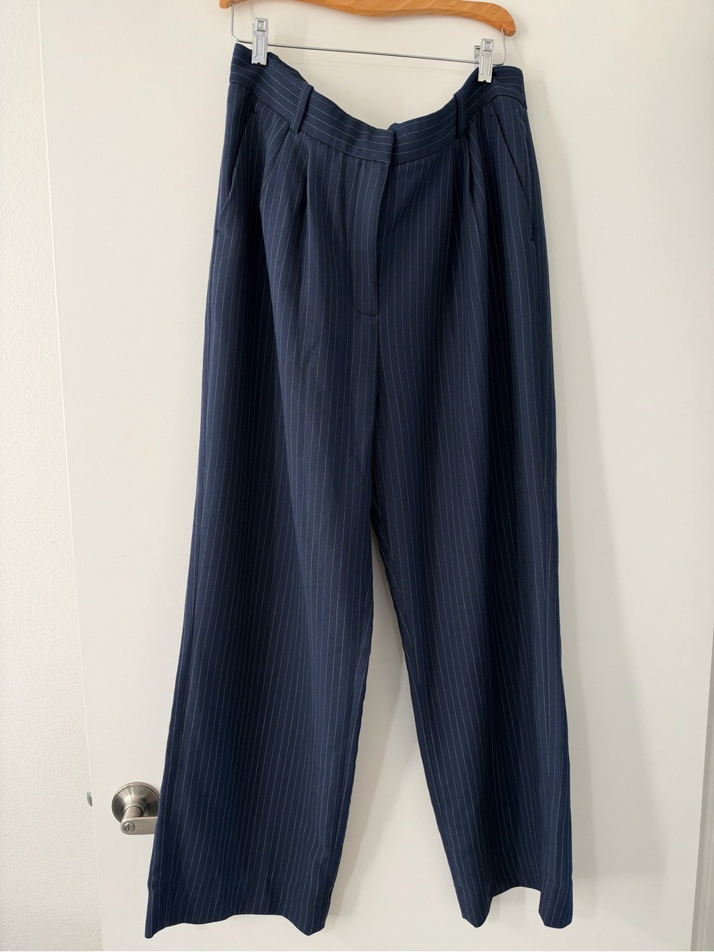 Abercrombie & Fitch Navy Wide Leg Pinstripe Trousers-Womens